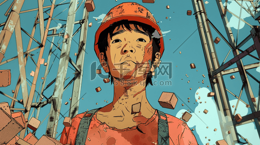 手绘的男子插画图片_彩色手绘绘画年轻小伙工地搬砖的插画