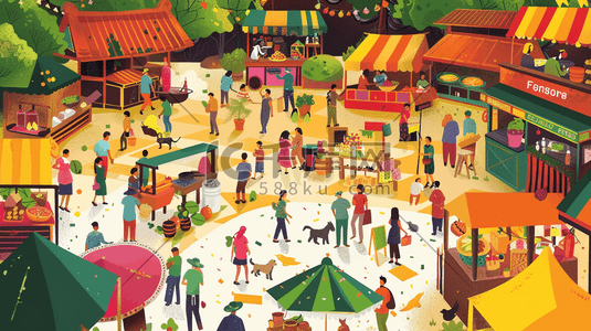 卡通树木立体插画图片_彩色手绘绘画商场景去小吃街的插画