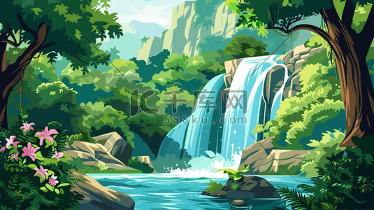 彩色瀑布插画图片_彩色手绘绘画户外景区瀑布假山的插画