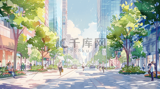 彩色手绘现代城市道路高楼大厦的插画