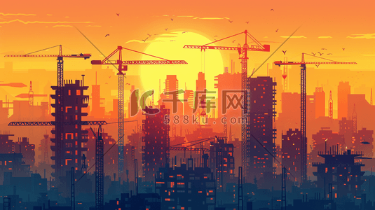大型板材加工插画图片_彩色夕阳下城市建筑大型吊车的插画