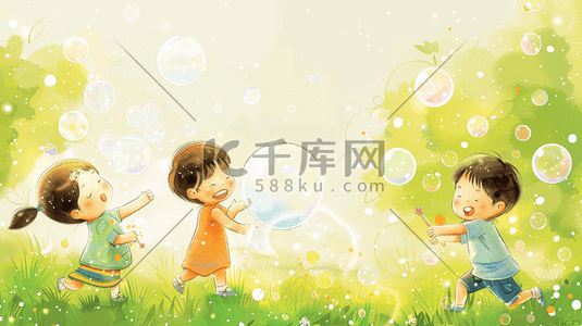 气泡彩色插画图片_彩色手绘绘画户外风景孩童奔跑玩耍的插画