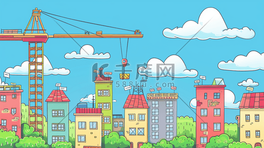 深山建设插画图片_蓝色卡通立体城市建设建筑的插画
