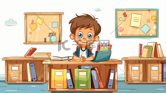 认真学习的男孩插画图片_彩色手绘绘画室内教室男孩上课的插画