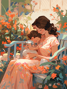 彩色手绘绘画妈妈抱宝贝的插画