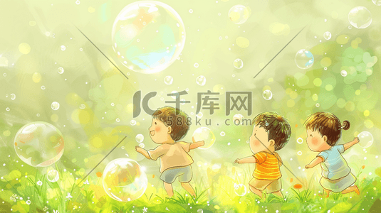 气泡彩色插画图片_彩色手绘绘画户外风景孩童奔跑玩耍的插画