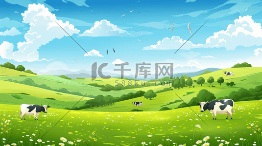 草原签名墙插画图片_户外草原山坡蓝天下放养奶牛的插画
