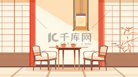 中式设计插画图片_简约手绘绘画扁平化中式风格室内的插画