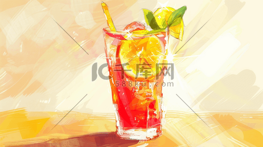 碳酸饮料吸管插画图片_彩色手绘绘画渐变纹理柠檬饮料的插画