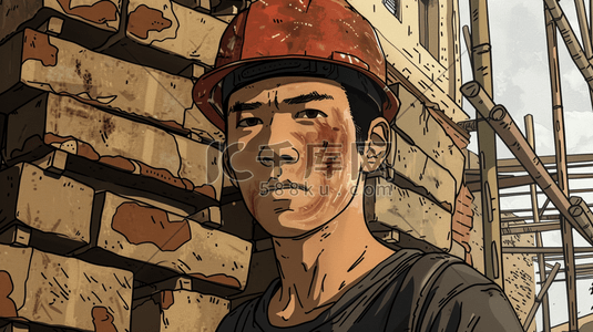 彩色手绘绘画年轻小伙工地搬砖的插画