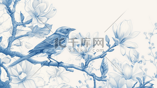 清新手绘绘画国画艺术树枝小鸟的插画