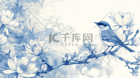 清新手绘绘画国画艺术树枝小鸟的插画