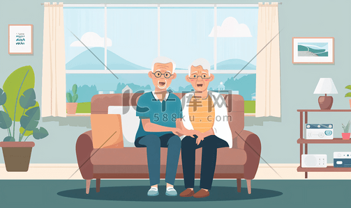 丈夫妻子插画图片_亚洲人幸福的老年夫妇在客厅