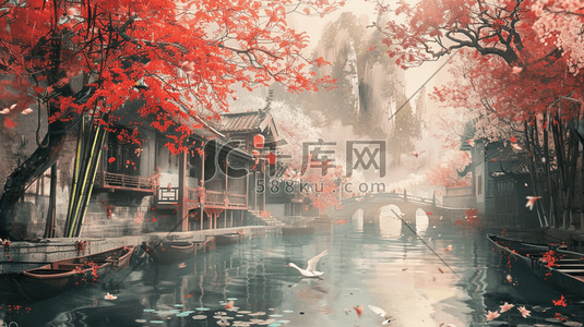 彩色绘画水彩国画山水房屋风景的插画