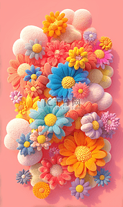 粉色可爱花插画图片_彩色蓬松毛绒花