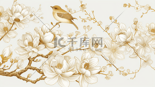 白色的纹理插画图片_清新手绘绘画国画艺术树枝小鸟的插画