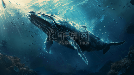 深海底插画图片_彩色深海里鲸鱼鲨鱼生物的插画