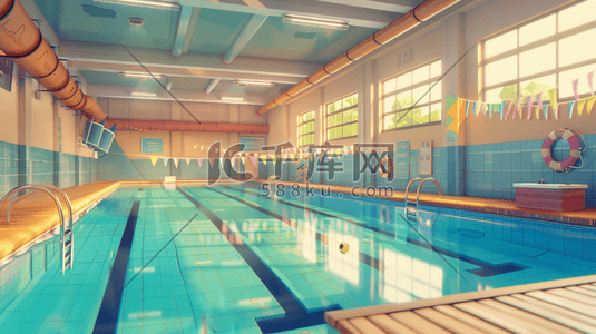运动插画图片_手绘室内游泳池健身的插画