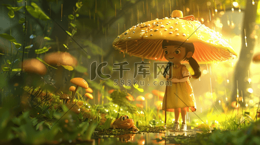 伞插画图片_彩色雨季卡通森林里女孩打蘑菇伞的插画