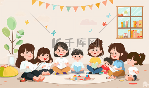 桌子插画图片_亚洲人老师和儿童在幼儿园里