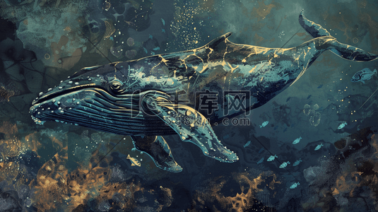 鲨鱼击鼓插画图片_彩色深海里鲸鱼鲨鱼生物的插画