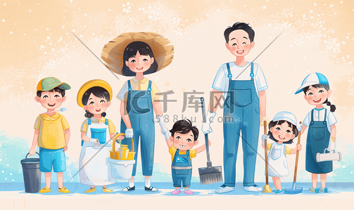 人与自然和谐相处插画图片_亚洲人幸福家庭与维修服务人员