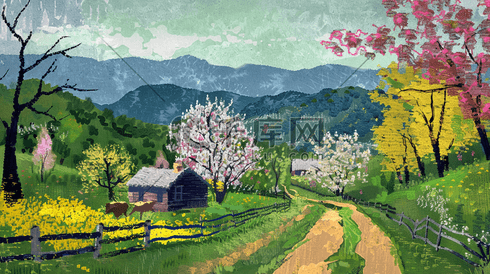 彩色手绘油画田园风景风光的插画