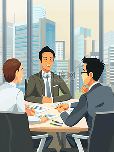 简单构图插画图片_亚洲人商务团队在会议室开会