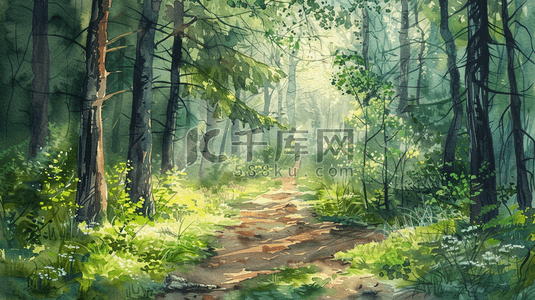 森林树木手绘插画图片_彩色水彩绘画户外森林树木风景的插画