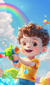 快乐男孩插画图片_一个快乐的5岁男孩拿着一把五颜六色的水枪