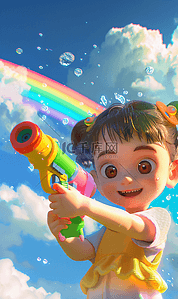 水枪水花插画图片_一个快乐的5岁男孩拿着一把五颜六色的水枪