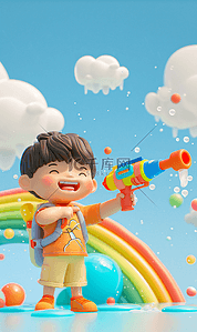 一个快乐的5岁男孩拿着一把五颜六色的水枪
