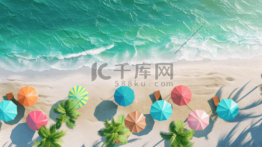 太阳伞插画图片_彩色手绘俯视大海沙滩上太阳伞的插画