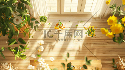 阳光照射温馨室内唯美花朵绿植的插画