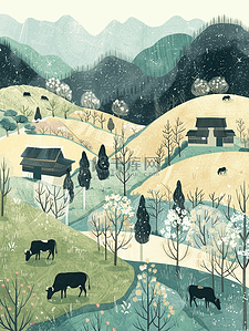 雪夜山村插画图片_简约手绘户外风景区山村放养牛羊的插画