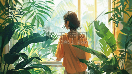 手绘植物叶片插画图片_彩色手绘绿色植物女子站在窗边的插画