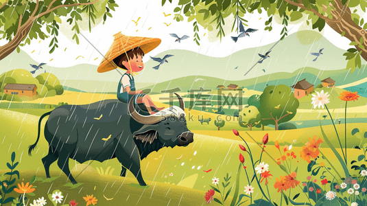 彩色美丽插画图片_彩色手绘卡通户外儿童骑在牛背上的插画