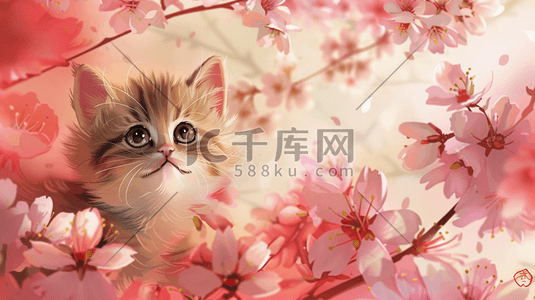 唯美粉色花瓣花朵场景下猫咪的插画