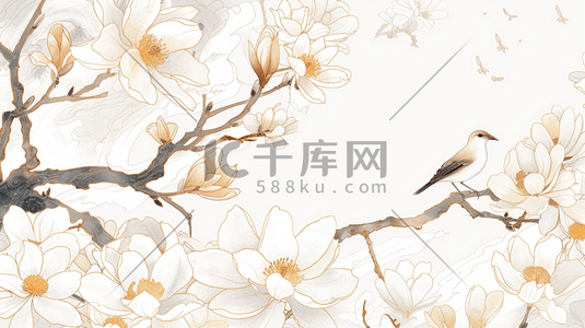 白色的纹理插画图片_清新手绘绘画国画艺术树枝小鸟的插画