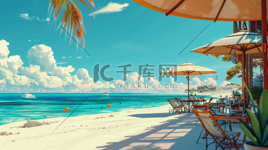手绘椅子插画图片_手绘蓝天白云海边沙滩上休闲度假的插画