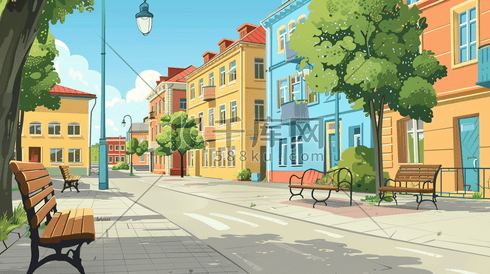 彩色手绘绘画卡通建筑房屋道路的插画