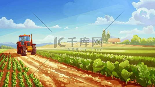 拖拉机的人插画图片_彩色手绘绘画田野里农拖拉机的插画
