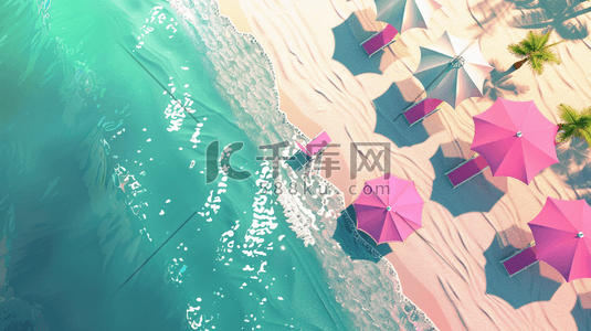 彩色手绘俯视大海沙滩上太阳伞的插画