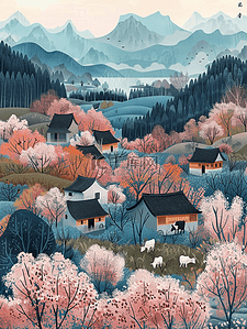 雪夜山村插画图片_简约手绘户外风景区山村放养牛羊的插画