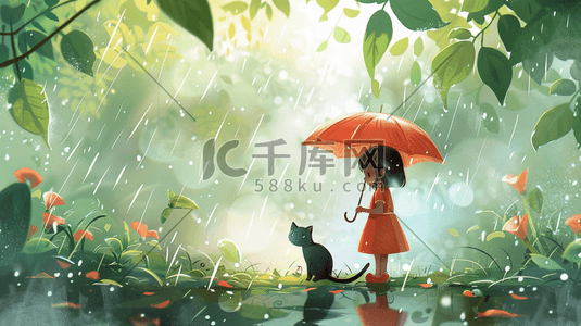 绿色的森林卡通插画图片_彩色手绘绘画森林里下雨女孩打伞的插画