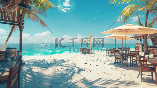 旋转椅子插画图片_手绘蓝天白云海边沙滩上休闲度假的插画