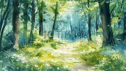 森林树木手绘插画图片_彩色水彩绘画户外森林树木风景的插画