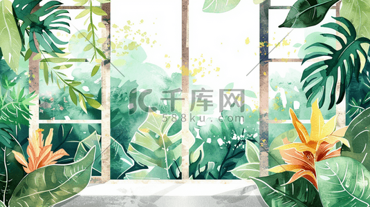 绿色植物清新插画图片_彩色手绘绿色植物女子站在窗边的插画