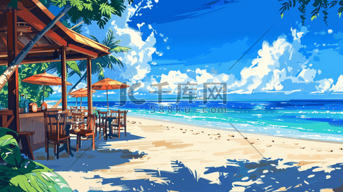 手绘蓝天白云海边沙滩上休闲度假的插画
