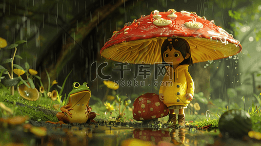 伞插画图片_彩色雨季卡通森林里女孩打蘑菇伞的插画